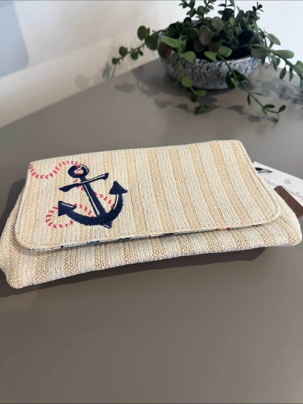 Vera Bradley Beige & Navy Anchor nautical Embroidered Clutch
